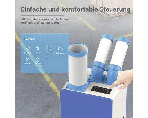 Mobiles Klimagerät mit Bedienfeld und drei Luftschläuchen. Funktionen: Ein und Aus, Lüften, Timer, Entfeuchten, Kühlen und Kindersicherung.