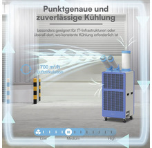 Mobile Industrieklimaanlage mit zwei verstellbaren Luftauslässen und 700 Kubikmeter pro Stunde Luftzirkulation, ideal für Serverräume.