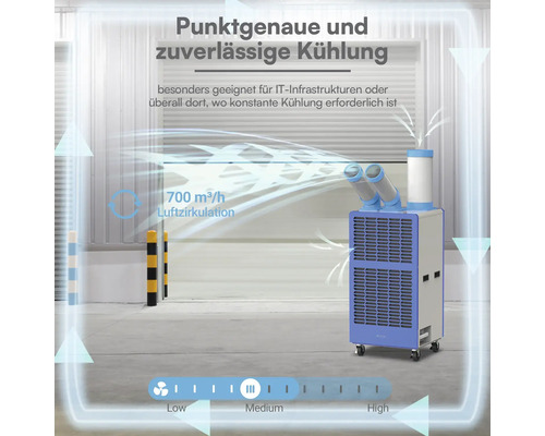 Mobile Industrieklimaanlage mit zwei verstellbaren Luftauslässen und 700 Kubikmeter pro Stunde Luftzirkulation, ideal für Serverräume.