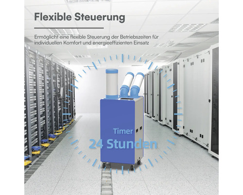 Mobiles Klimagerät mit 24-Stunden-Timer für flexible Steuerung in einem Serverraum.