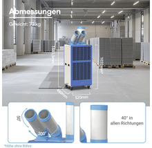 Mobiles Klimagerät in Industriehalle. Abmessungen: Höhe 1032 Millimeter, Breite 520 Millimeter, Tiefe 480 Millimeter, Gewicht 73 Kilogramm.