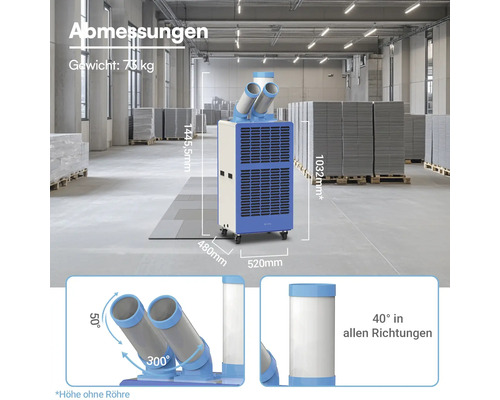 Mobiles Klimagerät in Industriehalle. Abmessungen: Höhe 1032 Millimeter, Breite 520 Millimeter, Tiefe 480 Millimeter, Gewicht 73 Kilogramm.