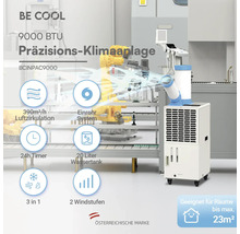 Mobile Be Cool Präzisions-Klimaanlage BCINPAC9000, 9000 BTU für Räume bis 23 Quadratmeter, 20 Liter Wassertank, 3 in 1, österreichische Marke.