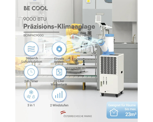 Mobile Be Cool Präzisions-Klimaanlage BCINPAC9000, 9000 BTU für Räume bis 23 Quadratmeter, 20 Liter Wassertank, 3 in 1, österreichische Marke.