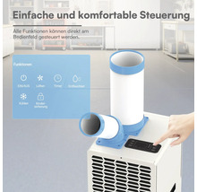 Mobiles Klimagerät mit Bedienfeld und zwei Luftschläuchen, Funktionen für Kühlen, Entfeuchten, Lüften, Timer und Kindersicherung.