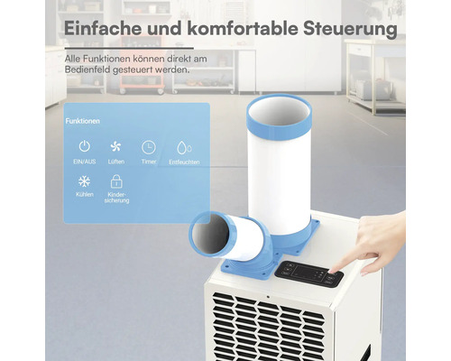 Mobiles Klimagerät mit Bedienfeld und zwei Luftschläuchen, Funktionen für Kühlen, Entfeuchten, Lüften, Timer und Kindersicherung.