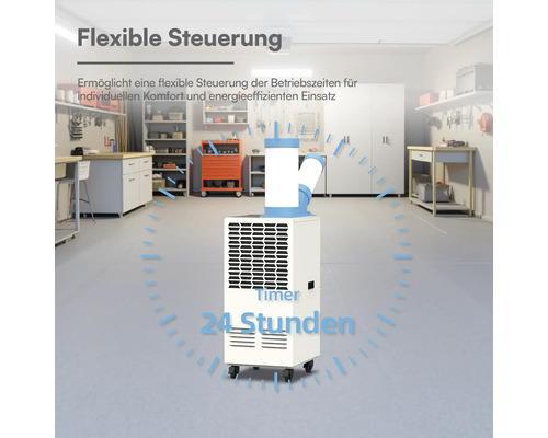 Mobiles Klimagerät mit 24 Stunden Timer in einer hellen, organisierten Werkstatt mit Schränken und Werkbänken.