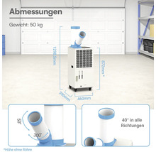 Weiße mobile Klimaanlage mit Maßen 460 mal 390 mal 872 Millimeter und 50 Kilogramm Gewicht. Schwenk- und drehbare Luftrohre bis 300 Grad.