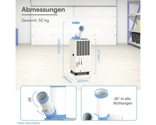 Weiße mobile Klimaanlage mit Maßen 460 mal 390 mal 872 Millimeter und 50 Kilogramm Gewicht. Schwenk- und drehbare Luftrohre bis 300 Grad.