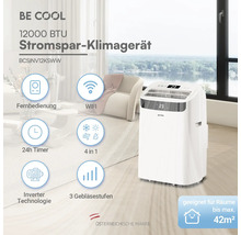 Mobiles Klimagerät von Be Cool mit 12000 BTU, Inverter-Technologie und Funkverbindung in einem hellen, modernen Wohnzimmer.