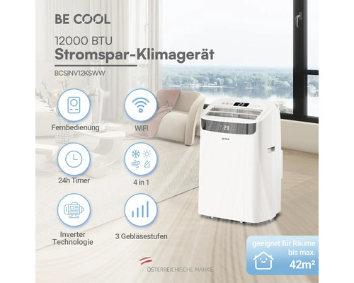 Mobiles Klimagerät von Be Cool mit 12000 BTU, Inverter-Technologie und Funkverbindung in einem hellen, modernen Wohnzimmer.