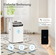Mobiles Klimagerät in einem hellen Zimmer mit Teppich, gesteuert per Smartphone App, kompatibel mit Google Assistant und Amazon Alexa.