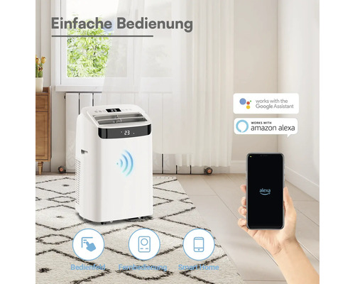 Mobiles Klimagerät in einem hellen Zimmer mit Teppich, gesteuert per Smartphone App, kompatibel mit Google Assistant und Amazon Alexa.