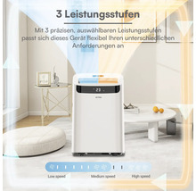 Mobiles Klimagerät mit 3 Leistungsstufen für niedrige, mittlere und hohe Geschwindigkeit in einem hellen Wohnzimmer.