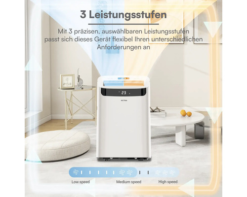 Mobiles Klimagerät mit 3 Leistungsstufen für niedrige, mittlere und hohe Geschwindigkeit in einem hellen Wohnzimmer.