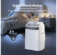 Mobile Klimaanlage im Schlafzimmer mit Schlafmodus für extra leisen Betrieb bei 43 Dezibel und Digitalanzeige von 23 Grad.