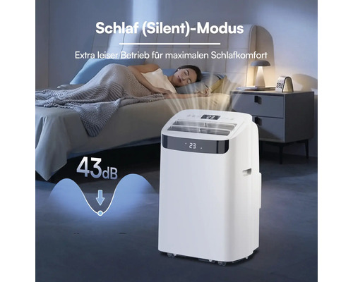 Mobile Klimaanlage im Schlafzimmer mit Schlafmodus für extra leisen Betrieb bei 43 Dezibel und Digitalanzeige von 23 Grad.