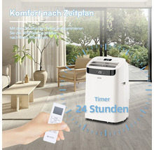 Mobiles Klimagerät mit 24 Stunden Timer in einem hellen Wohnzimmer, bedienbar per Fernbedienung.