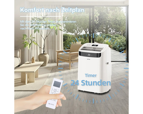 Mobiles Klimagerät mit 24 Stunden Timer in einem hellen Wohnzimmer, bedienbar per Fernbedienung.