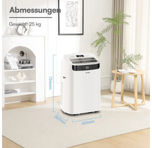 Mobiles Klimagerät Be Cool in hellem Zimmer. Maße: 704 Millimeter Höhe, 450 Millimeter Breite, 363 Millimeter Tiefe. Gewicht: 25 Kilogramm.