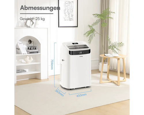 Mobiles Klimagerät Be Cool in hellem Zimmer. Maße: 704 Millimeter Höhe, 450 Millimeter Breite, 363 Millimeter Tiefe. Gewicht: 25 Kilogramm.