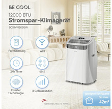 Mobiles Klimagerät Be Cool 12000 BTU im hellen Wohnzimmer. Inverter-Technologie, WLAN, Timer, 4 in 1 Betrieb für Räume bis 42 Quadratmeter.