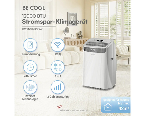 Mobiles Klimagerät Be Cool 12000 BTU im hellen Wohnzimmer. Inverter-Technologie, WLAN, Timer, 4 in 1 Betrieb für Räume bis 42 Quadratmeter.