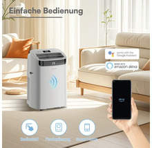Mobiles Klimagerät in hellem Wohnzimmer, steuerbar über Bedienfeld, Fernbedienung und Smart Home App. Kompatibel mit Google Assistant und Amazon Alexa.