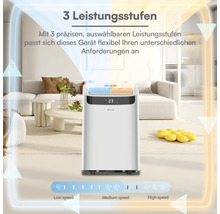 Mobiles Klimagerät in hellem Wohnzimmer mit drei Leistungsstufen für flexible Kühlung.