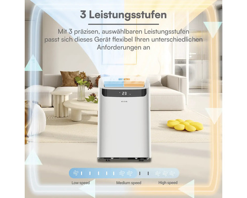 Mobiles Klimagerät in hellem Wohnzimmer mit drei Leistungsstufen für flexible Kühlung.