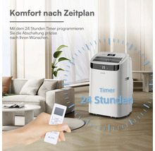 Mobiles Klimagerät in einem modernen Wohnzimmer mit 24 Stunden Timer und Fernbedienung zur präzisen Programmierung.