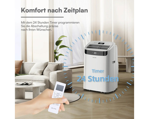 Mobiles Klimagerät in einem modernen Wohnzimmer mit 24 Stunden Timer und Fernbedienung zur präzisen Programmierung.