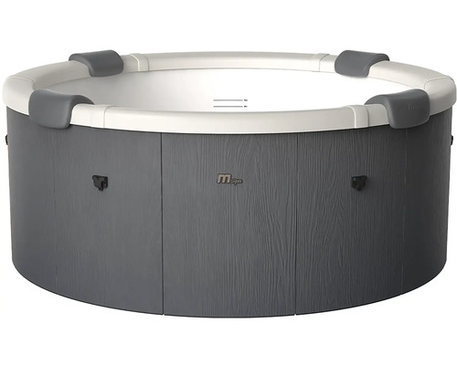 Runder Whirlpool mit Außenverkleidung in Holzoptik, weißer Innenseite und vier Kopfstützen am Rand, MSpa Logo.