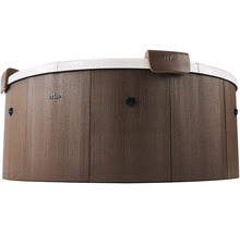 MSpa Whirlpool mit Außenwand in Holzoptik, weißem Rand und Kopfstützen.