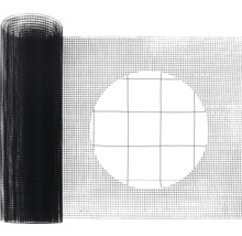 Schwarzes feinmaschiges Gitter auf Rolle mit Detailansicht der Maschenstruktur.