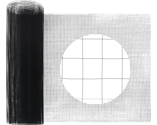 Schwarzes feinmaschiges Gitter auf Rolle mit Detailansicht der Maschenstruktur.