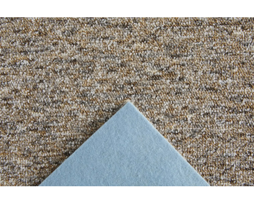 Strukturierter Schlingen-Teppichboden mit blauem Textilrücken in der Nahaufnahme.
