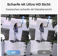 Vergleich der Bildschärfe zwischen 4K Ultra HD und 2K Auflösung anhand einer Person in einem Außenbereich.
