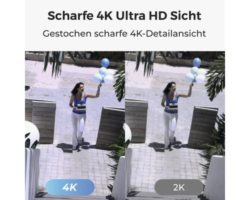 Vergleich der Bildschärfe zwischen 4K Ultra HD und 2K Auflösung anhand einer Person in einem Außenbereich.