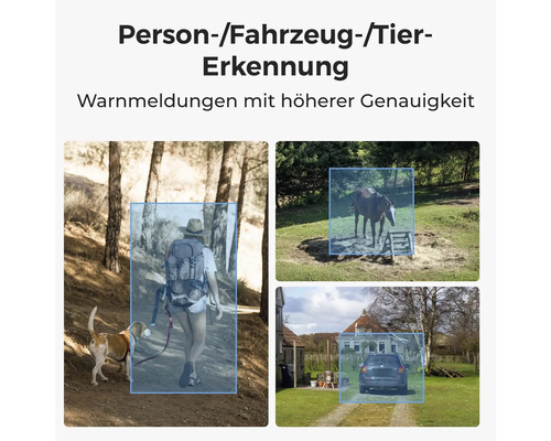 Intelligente Personenerkennung, Fahrzeugerkennung und Tiererkennung für präzise Sicherheitswarnungen.
