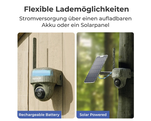 Überwachungskamera im Tarnmuster mit flexibler Stromversorgung durch aufladbaren Akku oder Solarpanel an Wand und Baum.