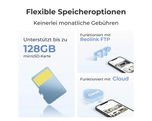 Flexible Speicheroptionen ohne monatliche Gebühren: unterstützt bis zu 128 Gigabyte microSD-Karte, Reolink FTP und Cloud-Speicher.