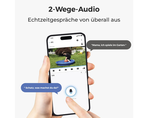 Smartphone-Anwendung zeigt Zwei-Wege-Audio-Funktion einer Sicherheitskamera mit Live-Video eines spielenden Kindes im Garten.
