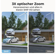 Bildvergleich einer Überwachungskamera mit 3-fachem optischem Zoom und 5 Megapixel Auflösung an einem Elektroauto gegenüber herkömmlicher Qualität.
