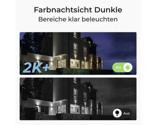 Vergleich von Farbnachtsicht und Schwarz-Weiß-Nachtsicht einer Überwachungskamera bei einem Haus mit zwei K plus Auflösung.