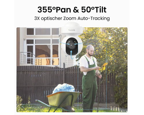 Reolink Überwachungskamera mit 355 Grad Schwenkfunktion, 50 Grad Neigung, dreifachem optischen Zoom und automatischer Personenverfolgung im Garten.