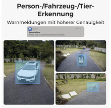 Reolink Überwachungskamera mit Erkennung von Personen, Fahrzeugen und Tieren sowie einer Smartphone Benachrichtigung und Reolink Logo.