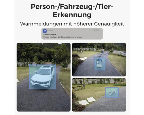 Reolink Überwachungskamera mit Erkennung von Personen, Fahrzeugen und Tieren sowie einer Smartphone Benachrichtigung und Reolink Logo.
