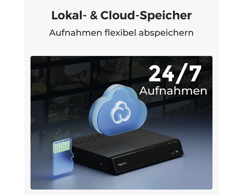 Reolink Netzwerk-Videorekorder mit Symbolen für lokale Speicherung auf Speicherkarte und Cloud-Speicher für Aufnahmen rund um die Uhr.