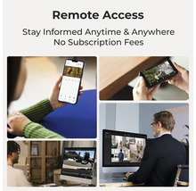 Fernzugriff auf Sicherheitskamera-Aufnahmen über Smartphone und Monitor ohne Abonnementgebühren für Innen- und Außenbereiche.
